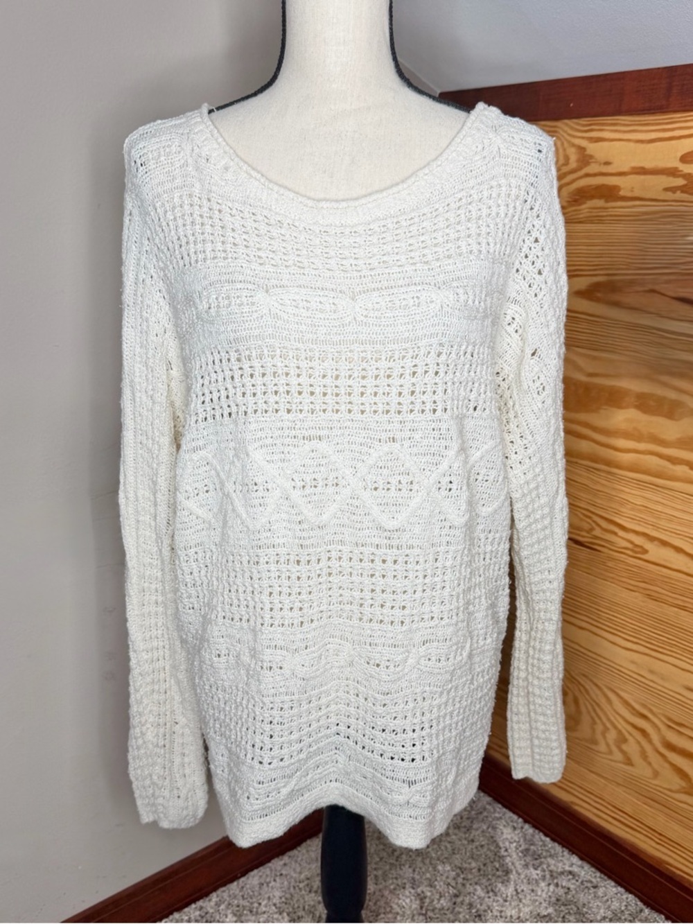 Abercrombie & Fitch Cream Ivory Mixed Open Knit Long Sleeve Sweater Medium M
